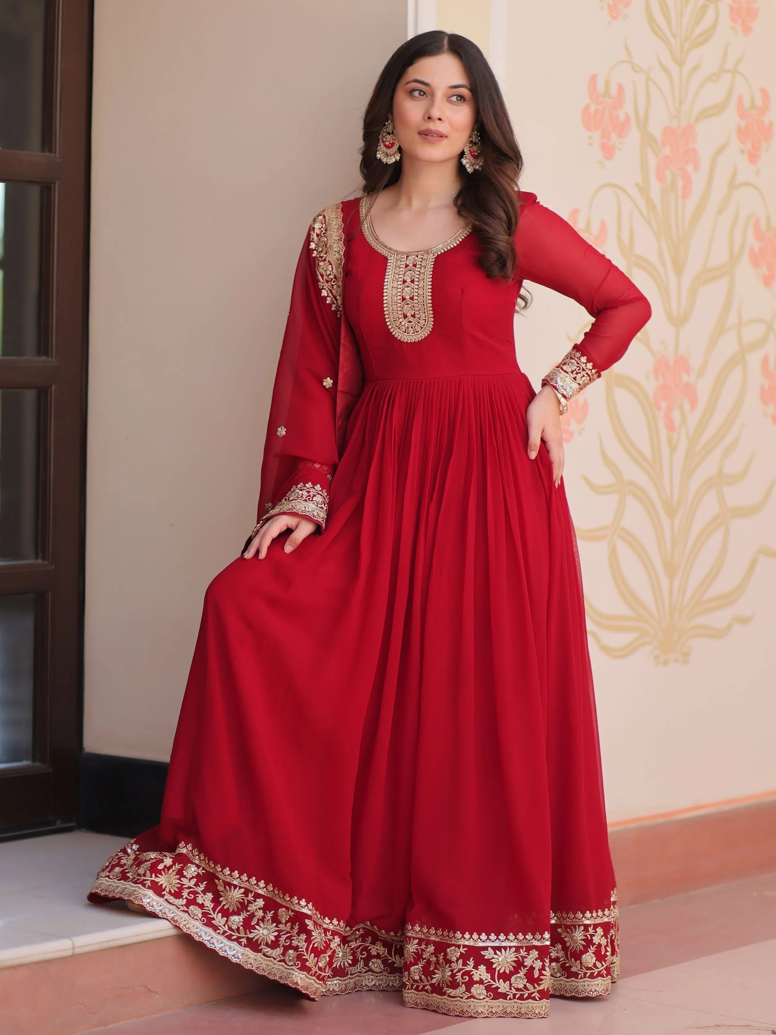 Maroon georgette designer gown with zari and sequins embroidery and dupatta