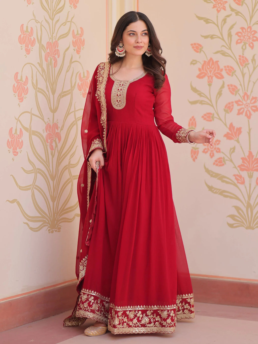 Maroon georgette designer gown with zari and sequins embroidery and dupatta