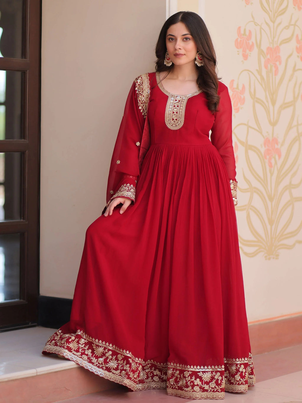 Maroon georgette designer gown with zari and sequins embroidery and dupatta