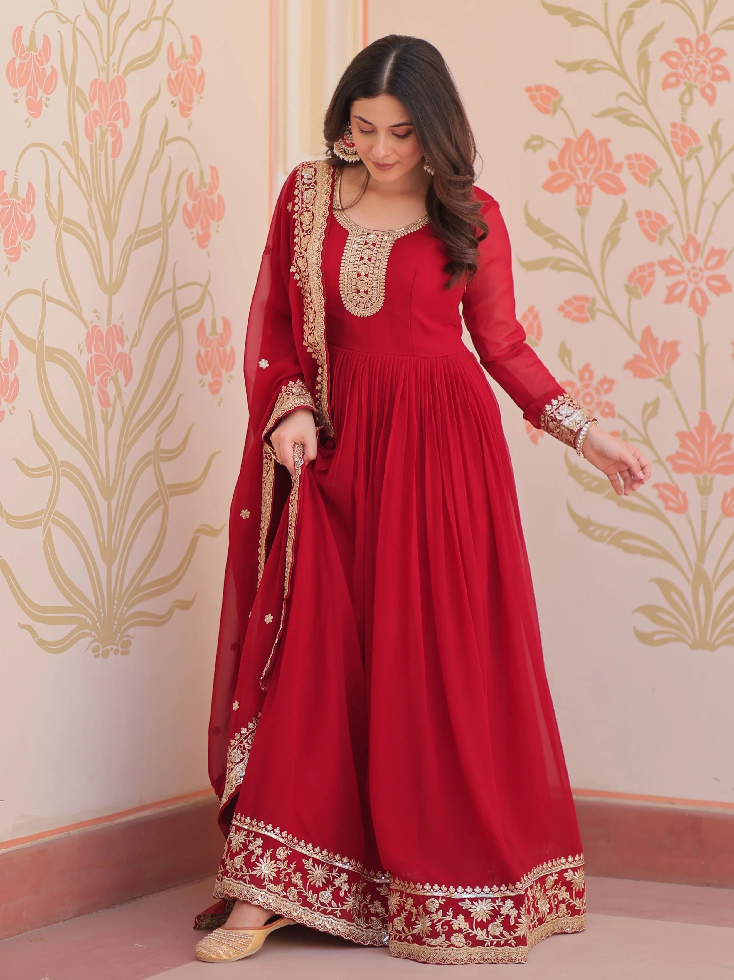 Maroon georgette designer gown with zari and sequins embroidery and dupatta