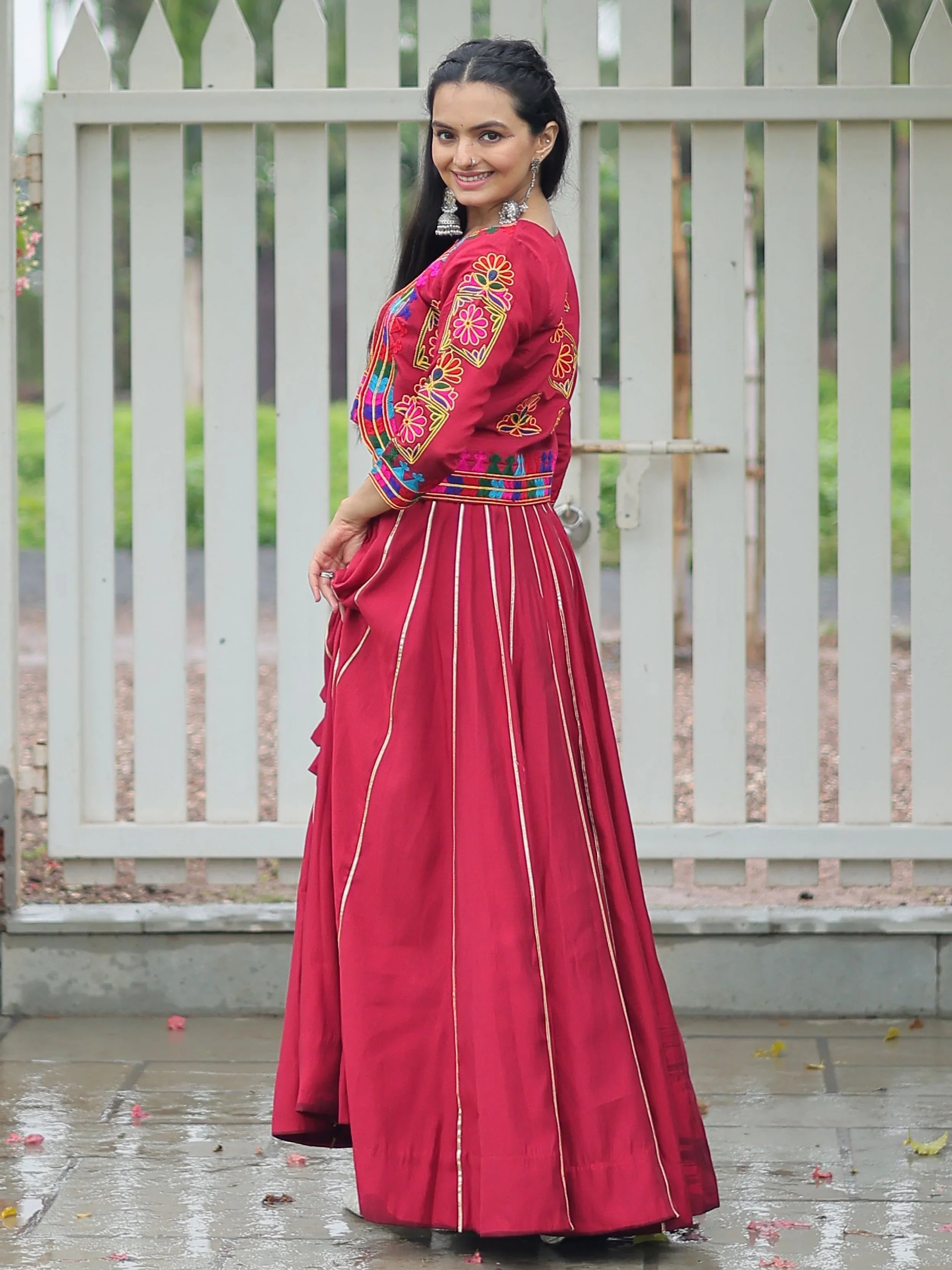 Maroon Kutchi Gamthi embroidered Gota Patti lace lehenga choli with koti