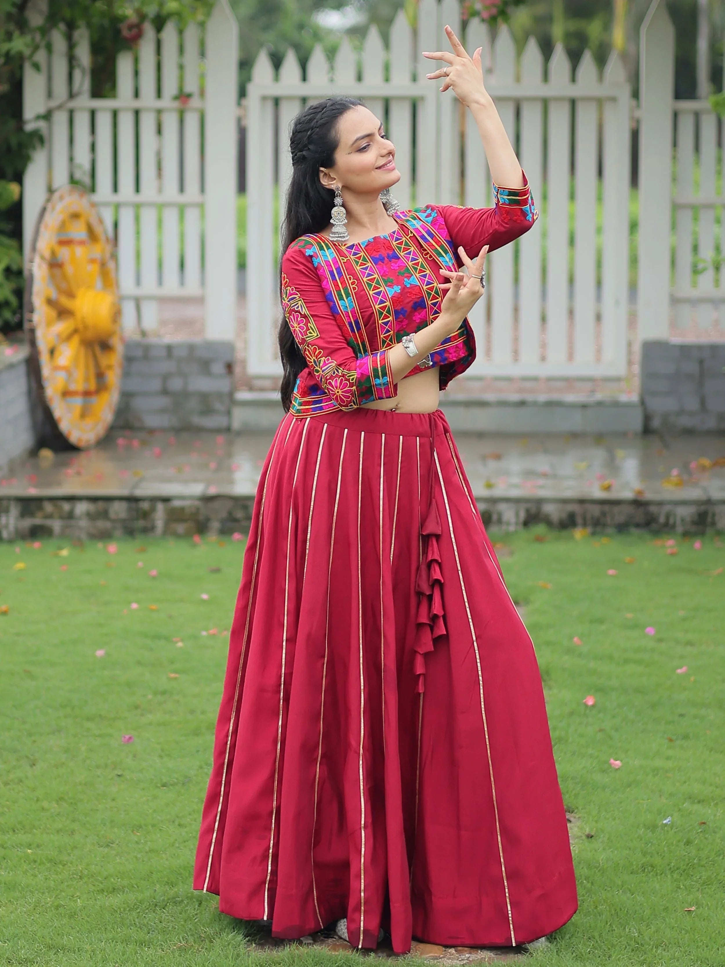 Maroon Kutchi Gamthi embroidered Gota Patti lace lehenga choli with koti