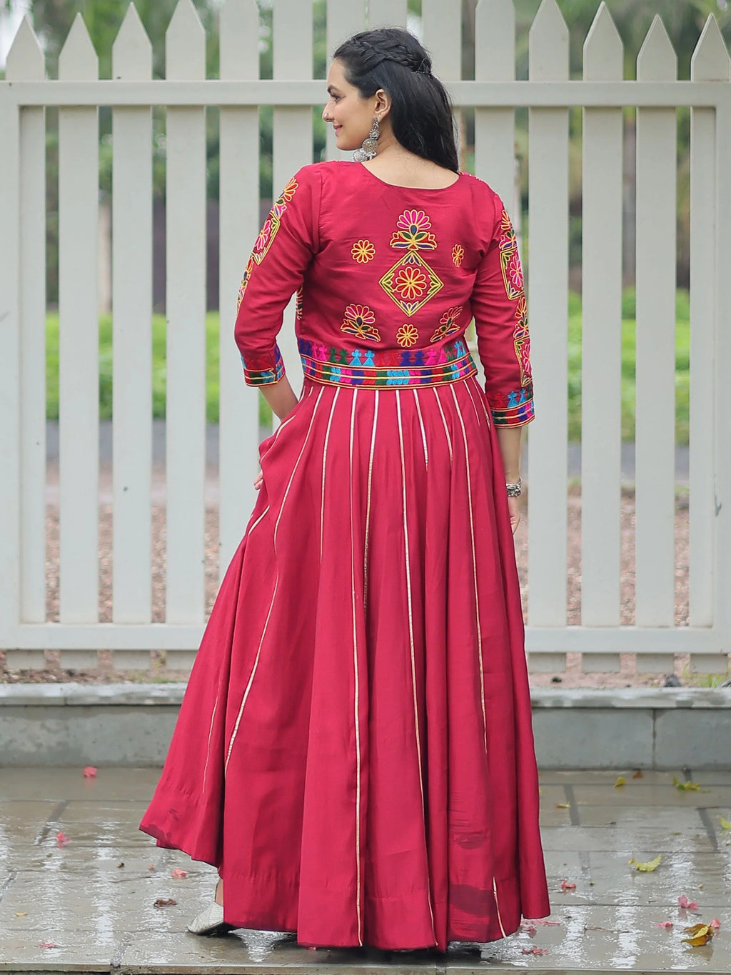 Maroon Kutchi Gamthi embroidered Gota Patti lace lehenga choli with koti