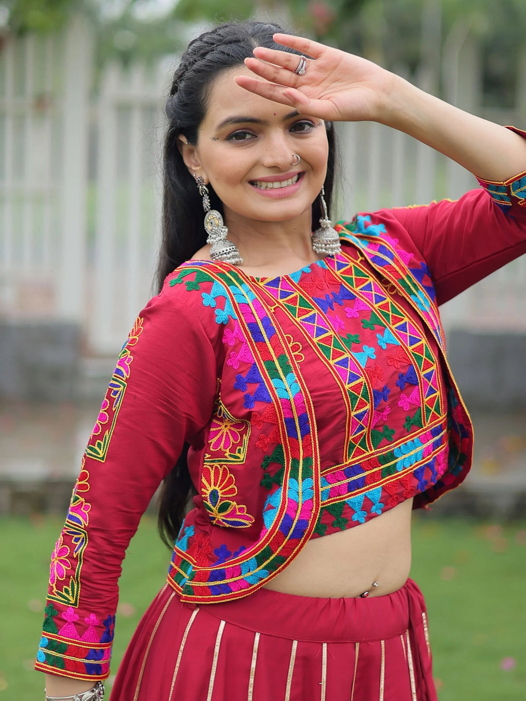 Maroon Kutchi Gamthi embroidered Gota Patti lace lehenga choli with koti