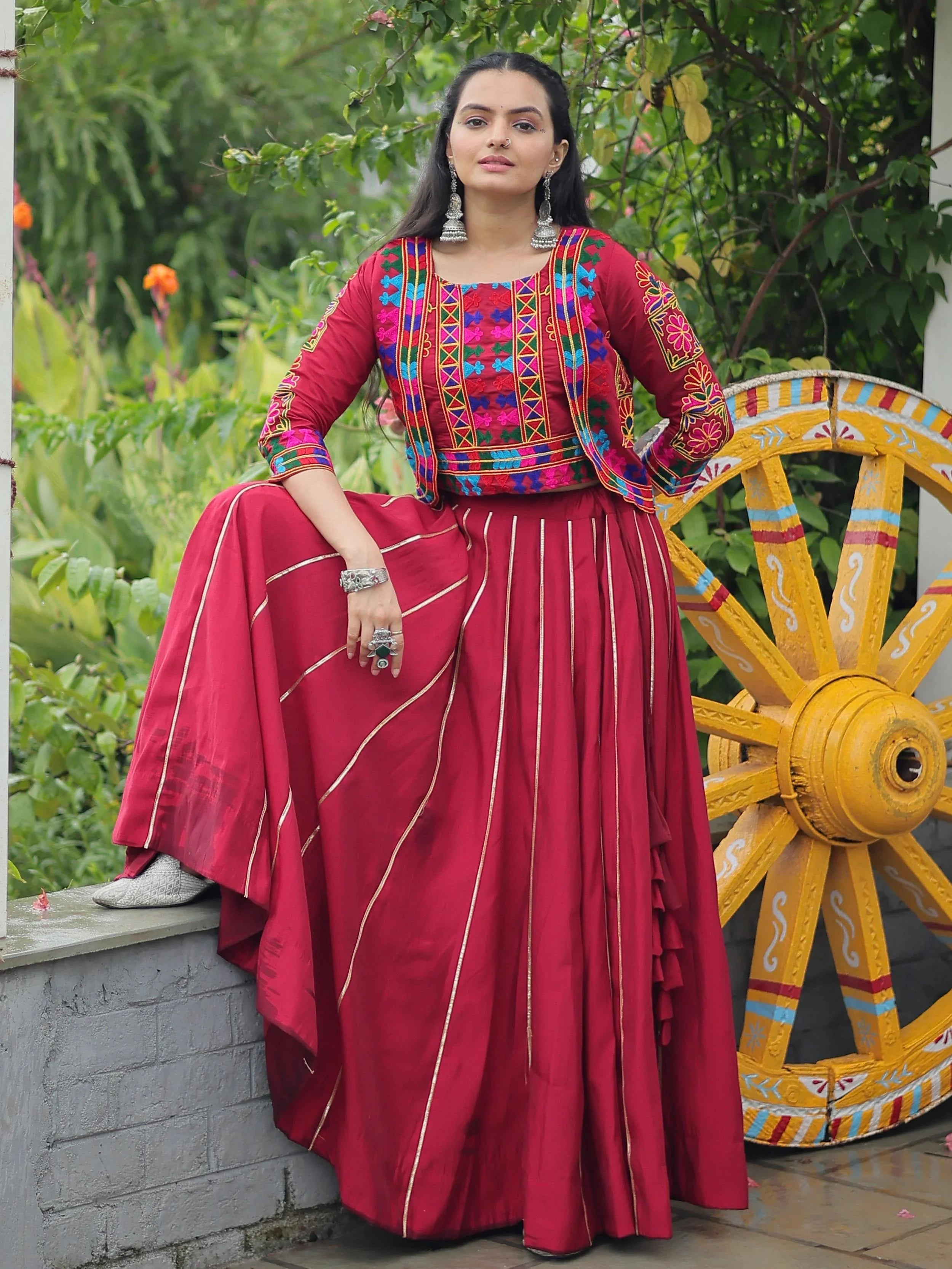 Maroon Kutchi Gamthi embroidered Gota Patti lace lehenga choli with koti