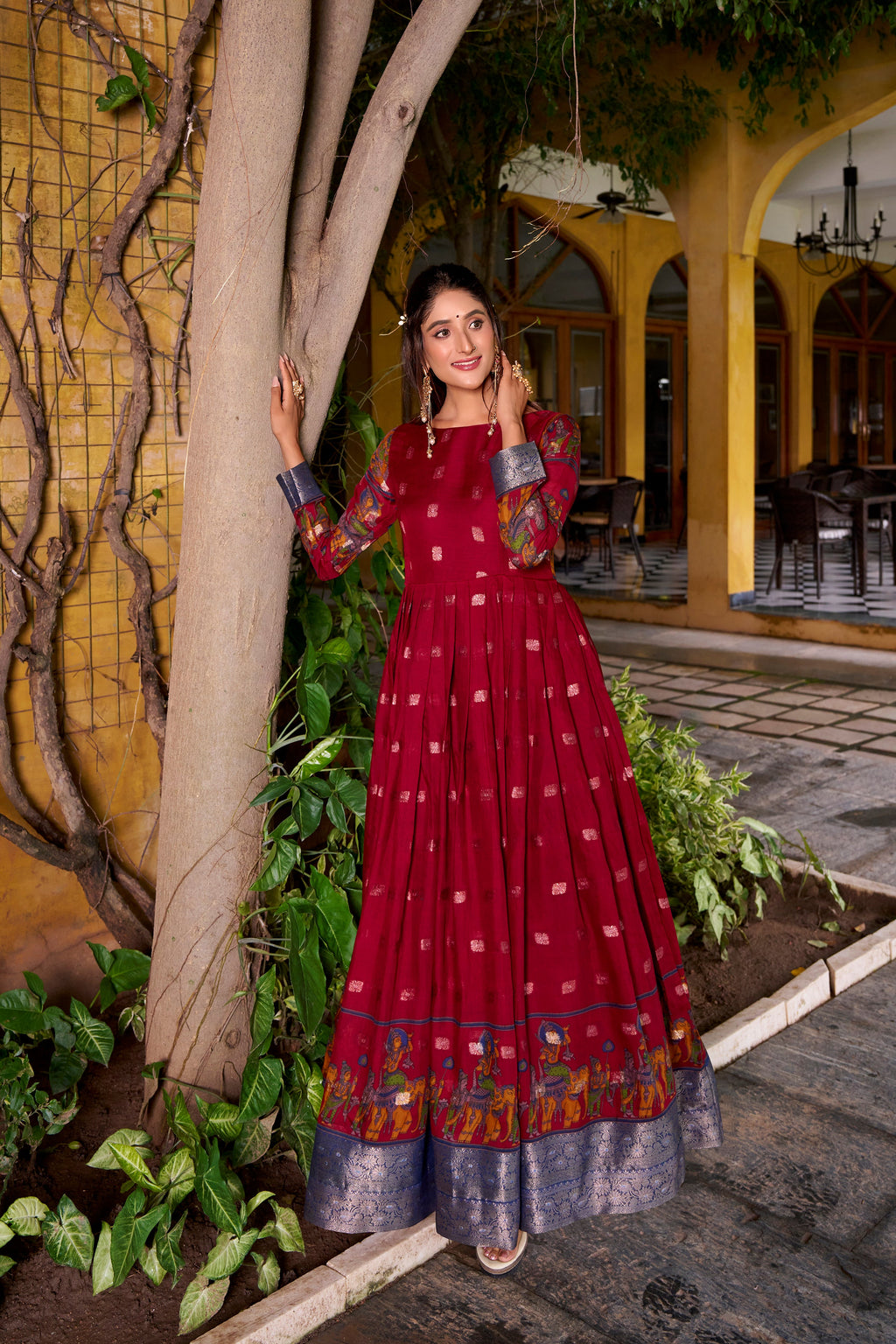 Maroon poly cotton Kalamkari print gown with zari weaving koti