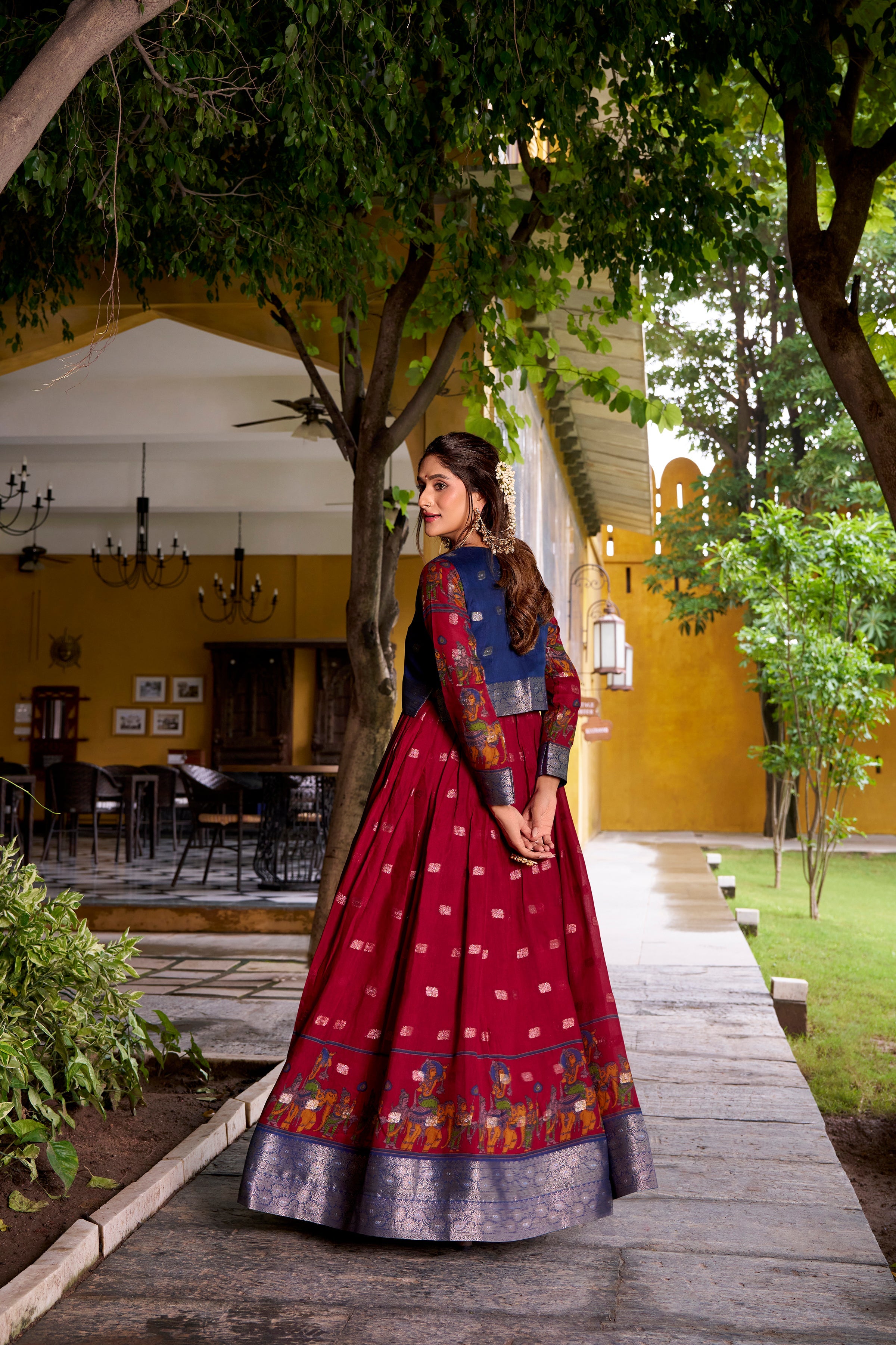 Maroon poly cotton Kalamkari print gown with zari weaving koti