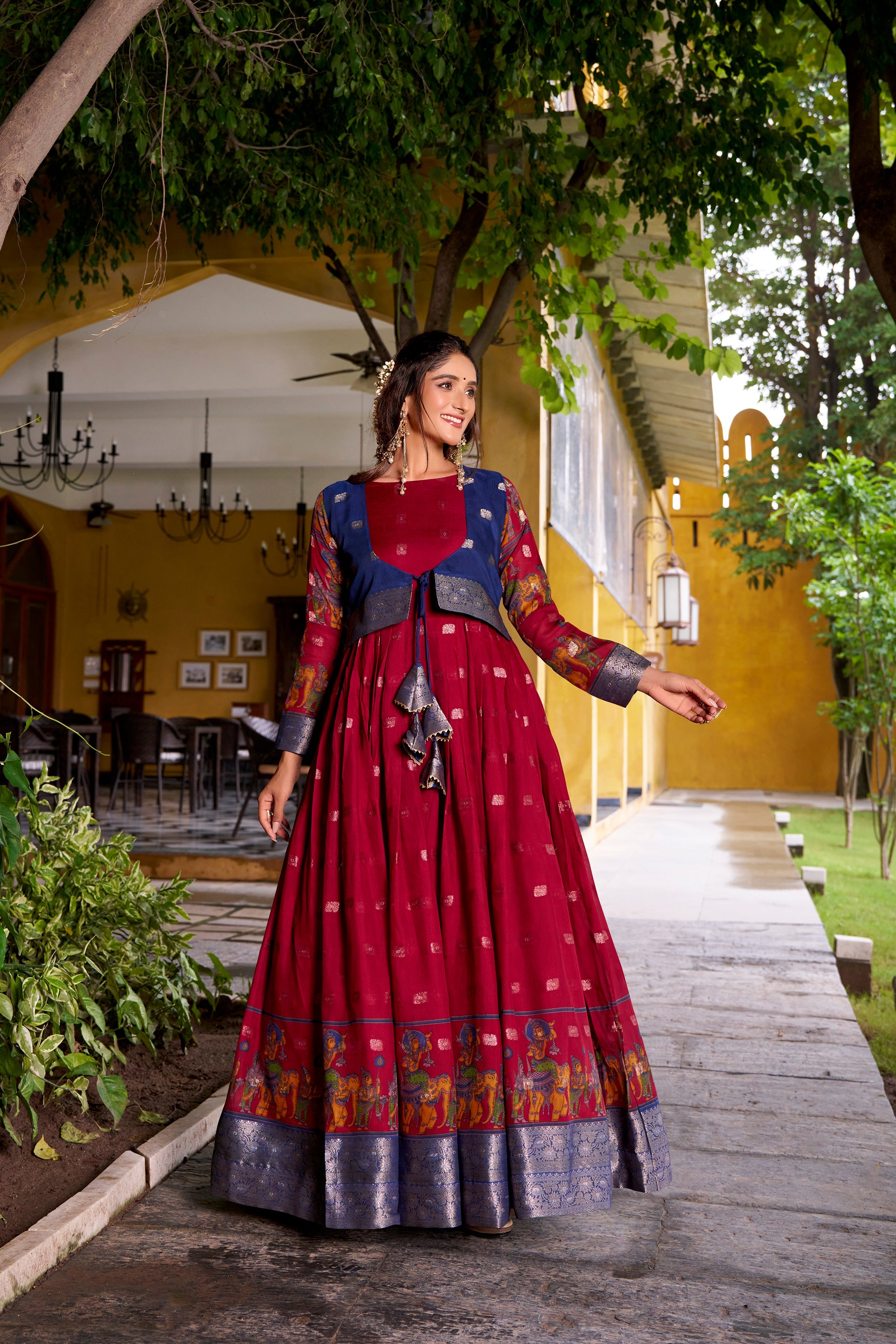 Maroon poly cotton Kalamkari print gown with zari weaving koti