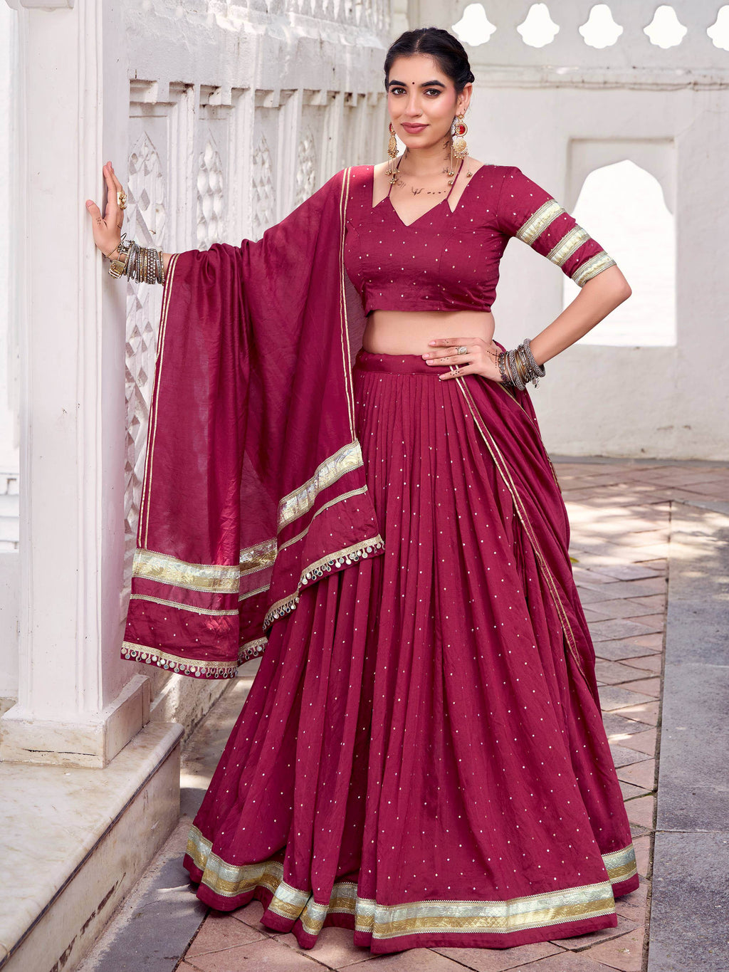 Maroon Chanderi lehenga choli with zari weaving and embossed lace