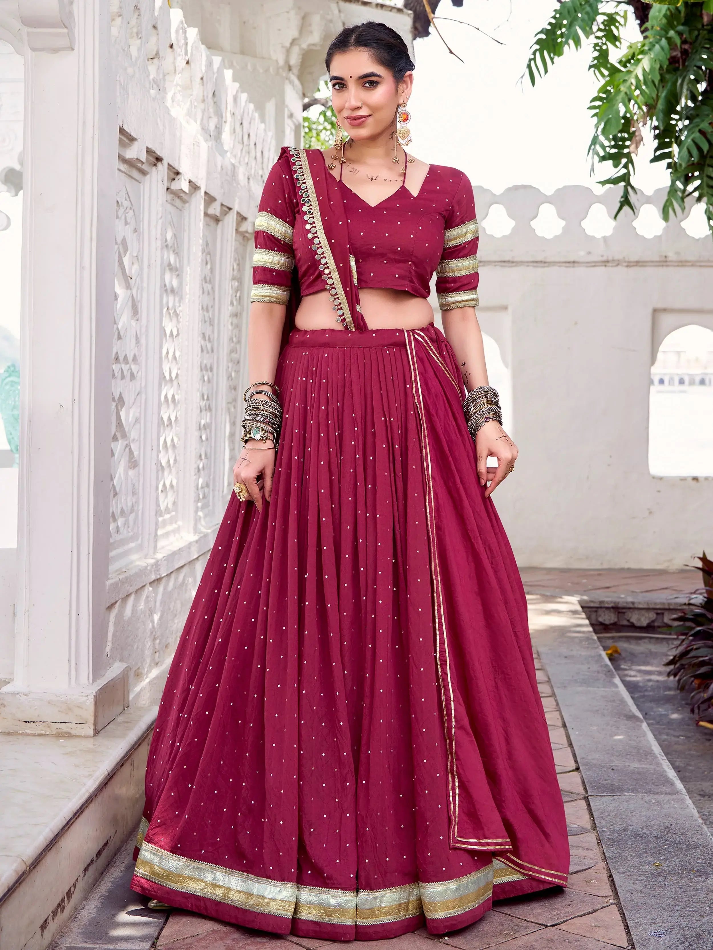 Maroon Chanderi lehenga choli with zari weaving and embossed lace