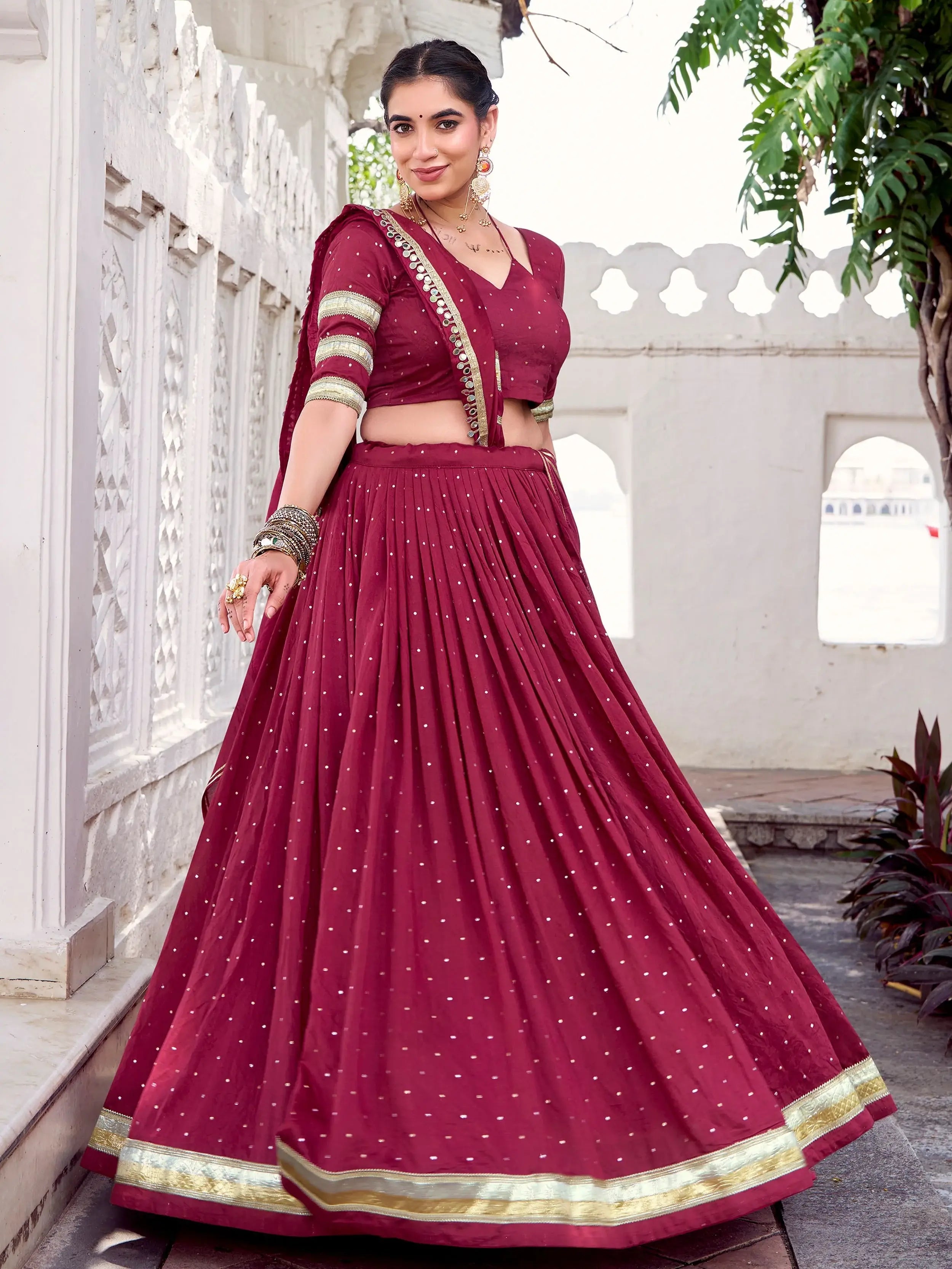 Maroon Chanderi lehenga choli with zari weaving and embossed lace