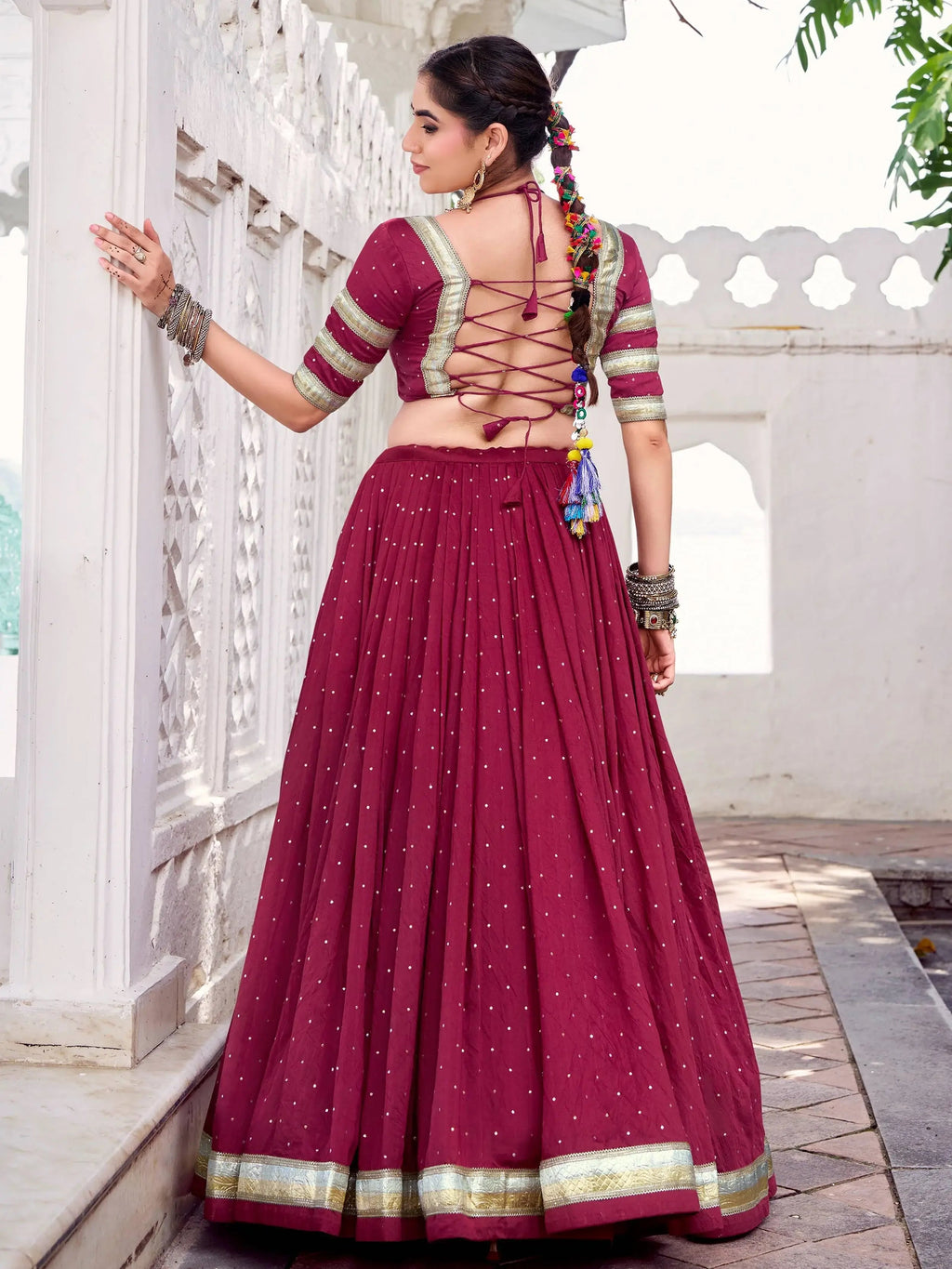 Maroon Chanderi lehenga choli with zari weaving and embossed lace