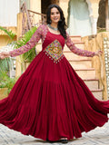 Maroon pure rayon flair gown with kutchi gamthi embroidery