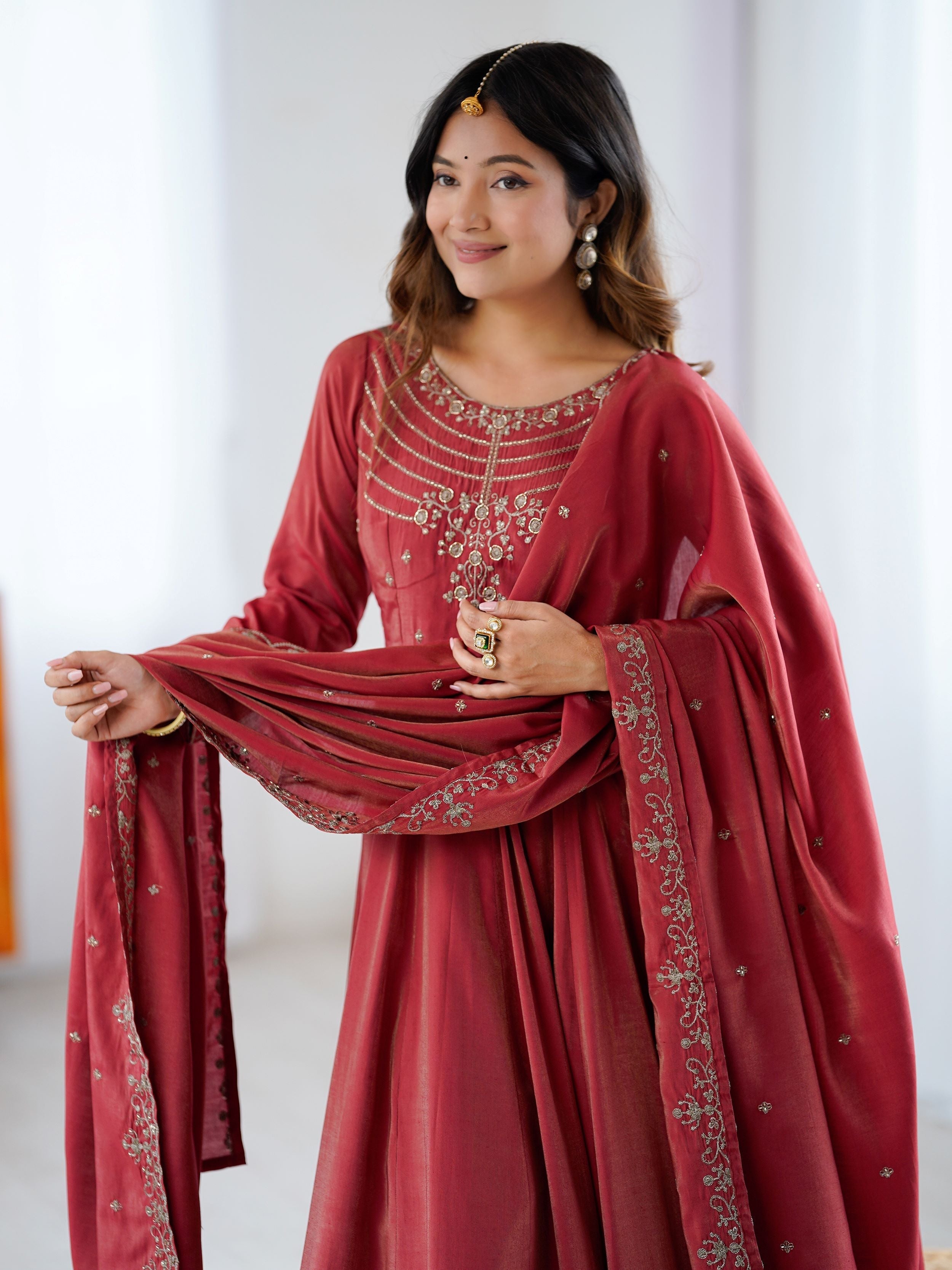 Maroon Roman shimmer Chanderi silk beads zari embroidery Anarkali suit set