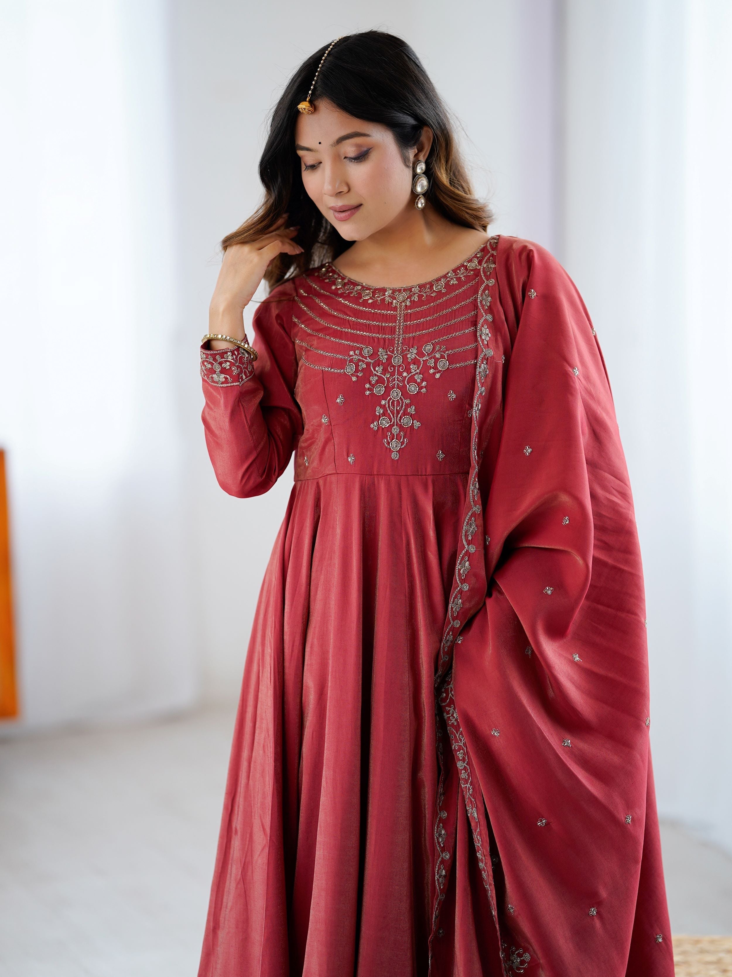 Maroon Roman shimmer Chanderi silk beads zari embroidery Anarkali suit set