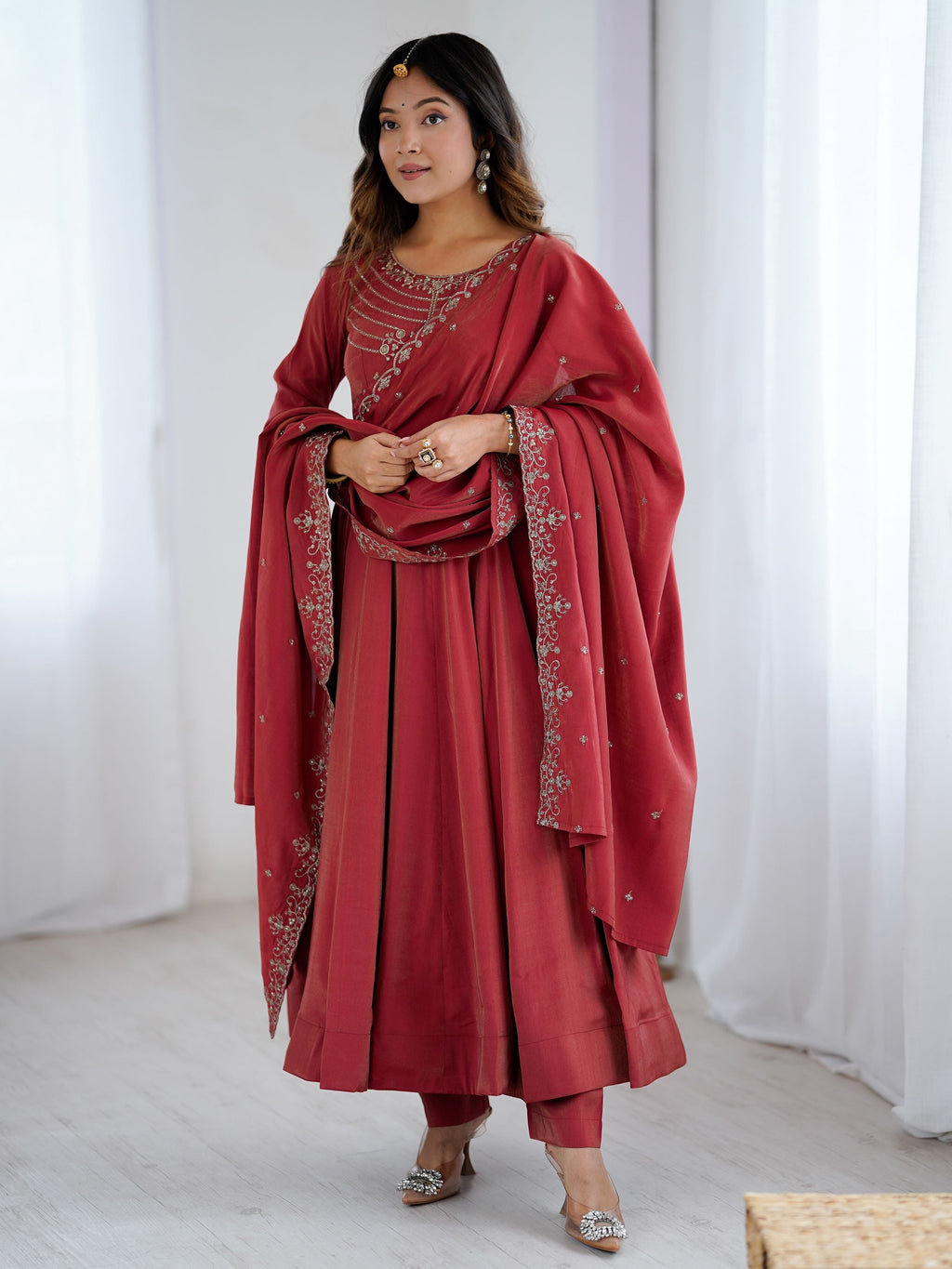 Maroon Roman shimmer Chanderi silk beads zari embroidery Anarkali suit set
