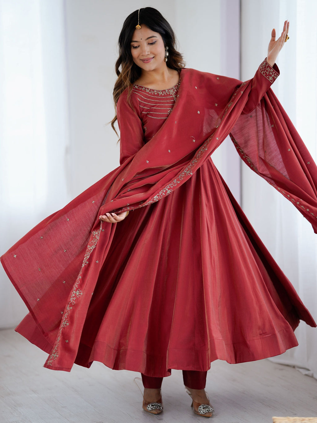 Maroon Roman shimmer Chanderi silk beads zari embroidery Anarkali suit set