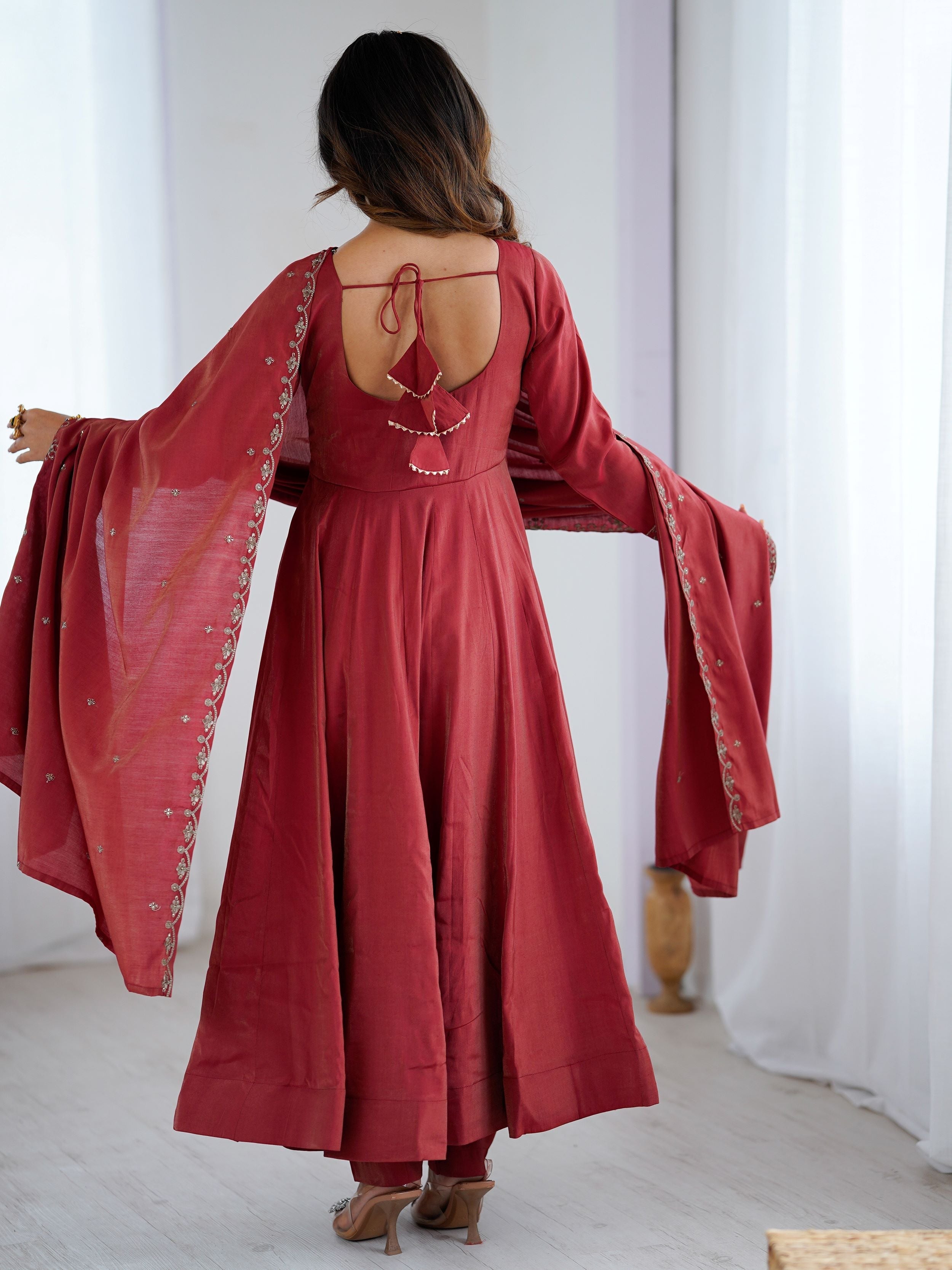 Maroon Roman shimmer Chanderi silk beads zari embroidery Anarkali suit set