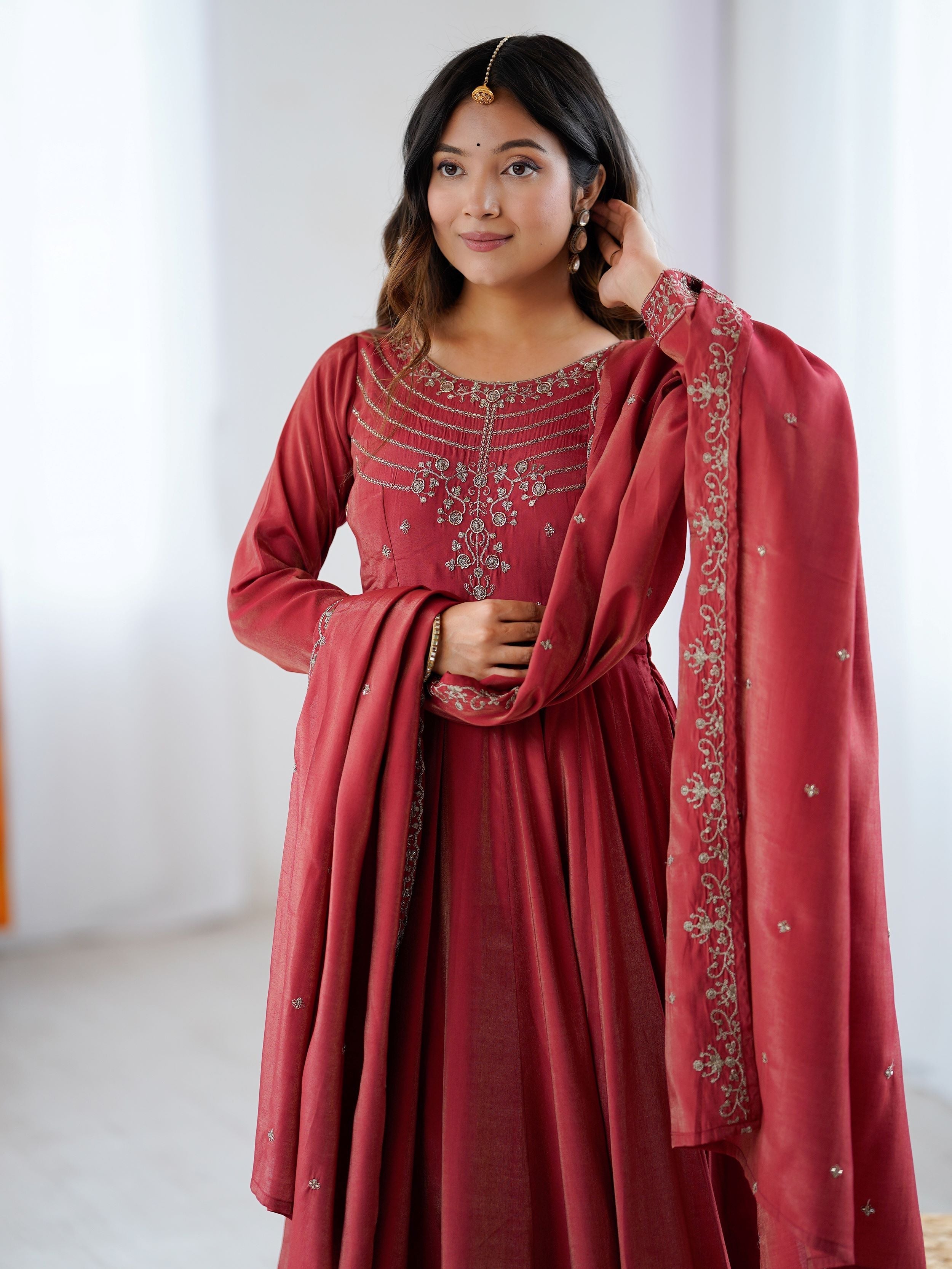 Maroon Roman shimmer Chanderi silk beads zari embroidery Anarkali suit set