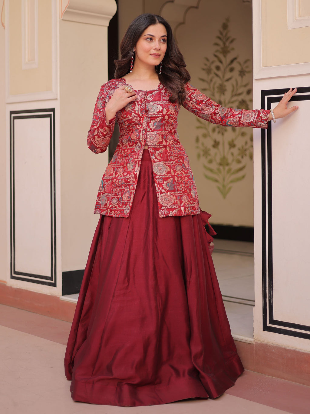 Maroon vichitra silk kali pattern lehenga with jacquard jacket