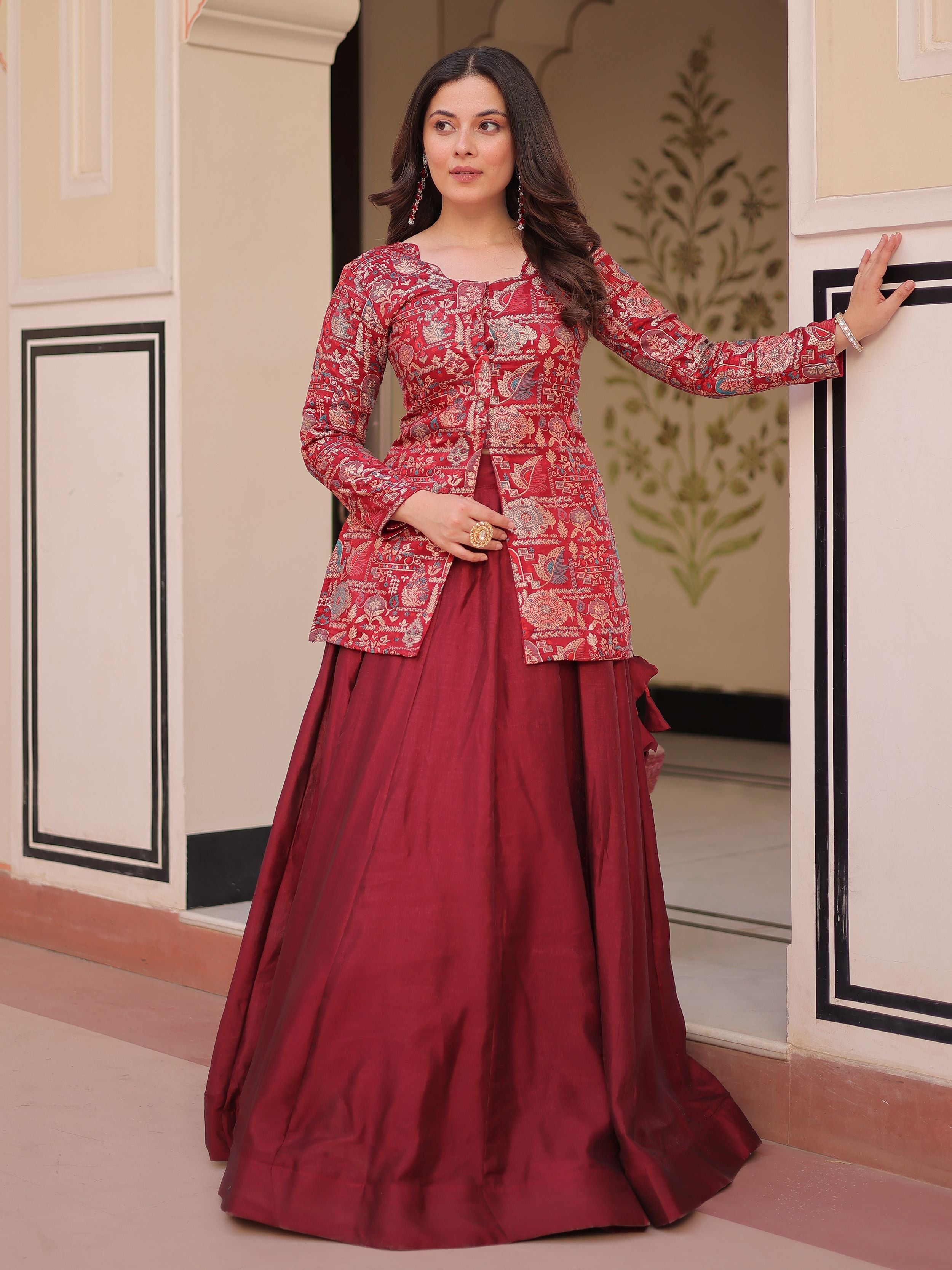 Maroon vichitra silk kali pattern lehenga with jacquard jacket