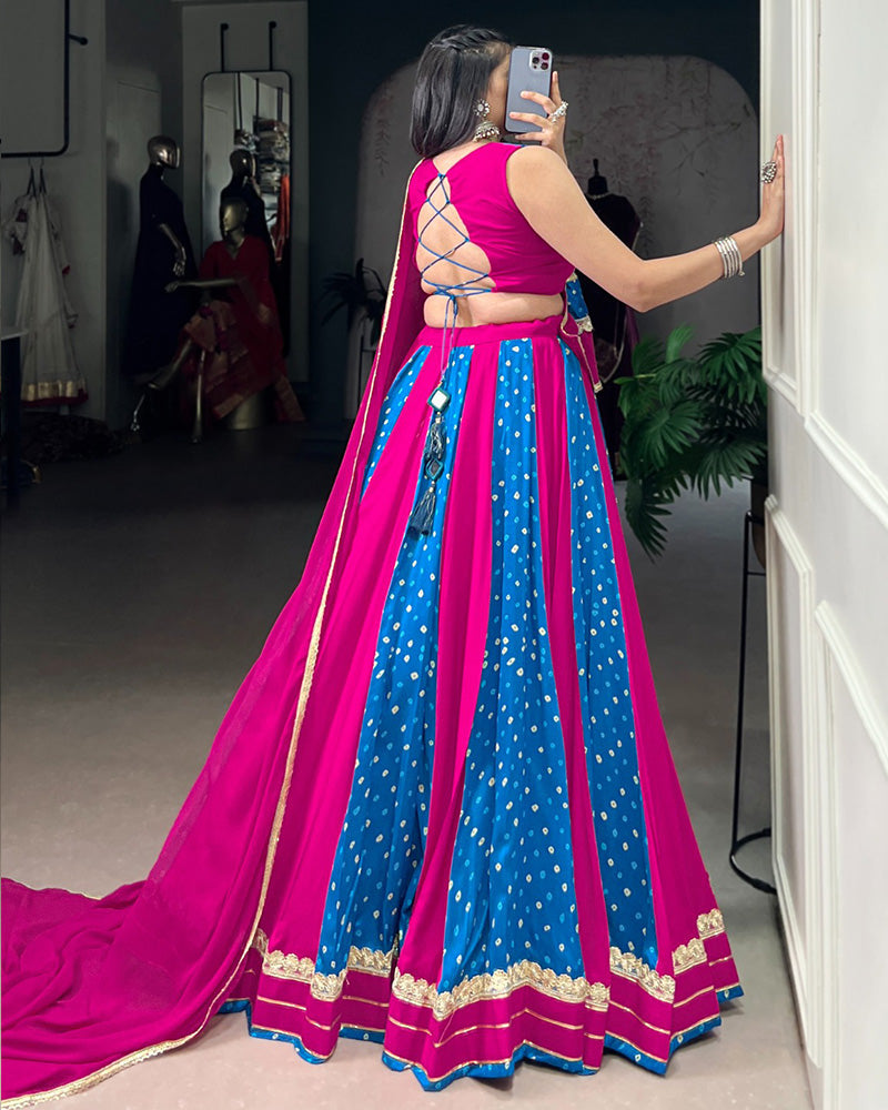 Mauve pink Tasar silk Bandhej print lehenga with lace blouse and dupatta