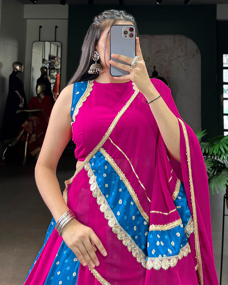 Mauve pink Tasar silk Bandhej print lehenga with lace blouse and dupatta