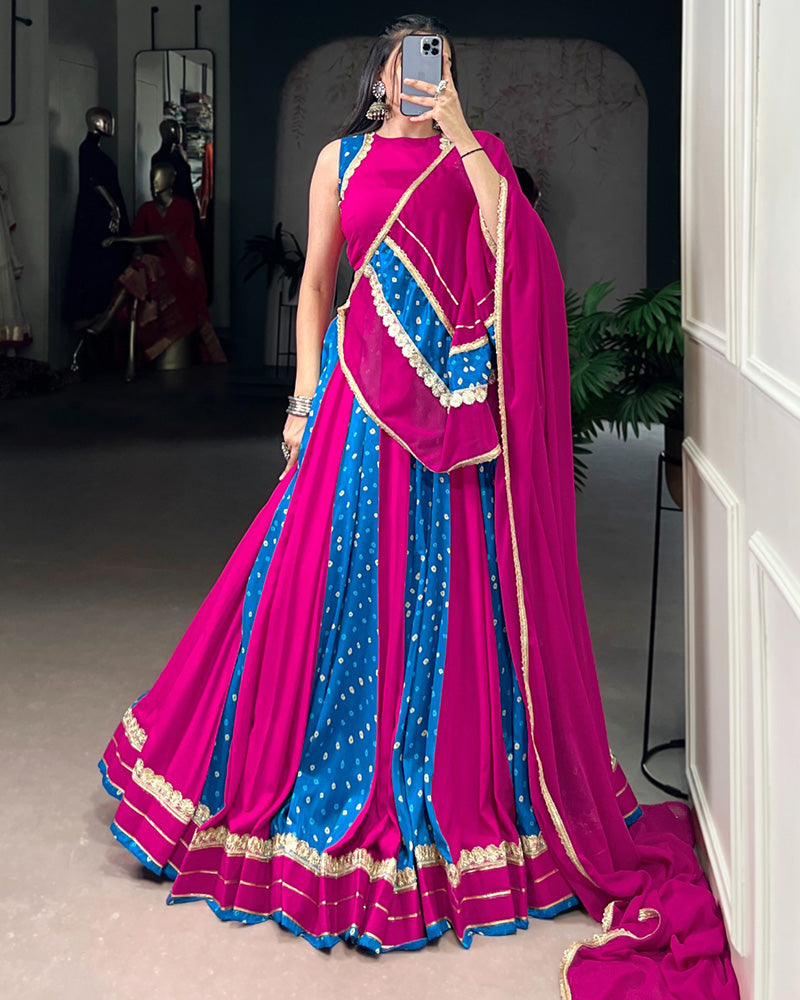 Mauve pink Tasar silk Bandhej print lehenga with lace blouse and dupatta