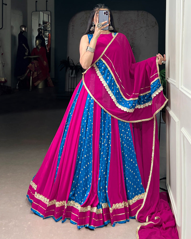 Mauve pink Tasar silk Bandhej print lehenga with lace blouse and dupatta