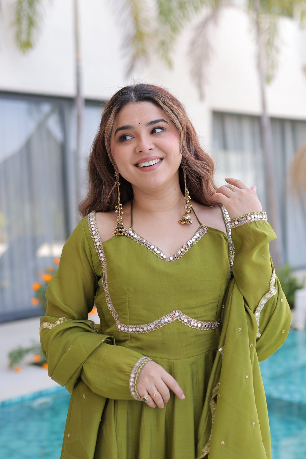 Medha green chanderi mirror work anarkali suit set