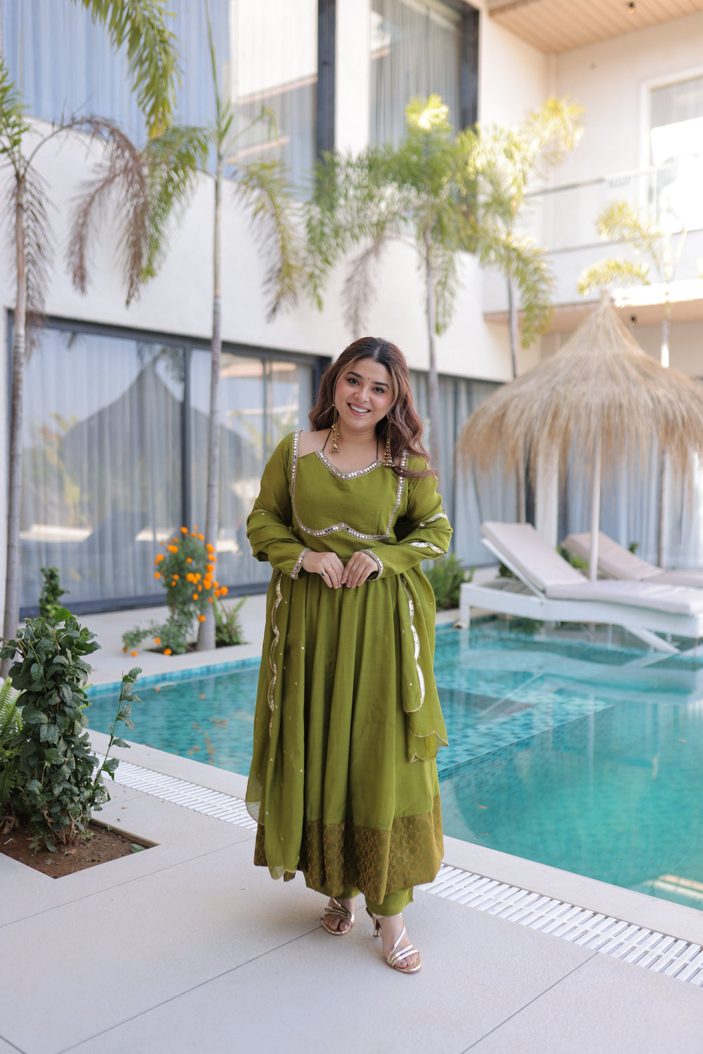 Medha green chanderi mirror work anarkali suit set