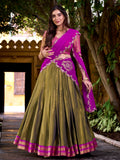 Mehendi green kanchipuram silk lehenga choli with zari weaving and sequins work

