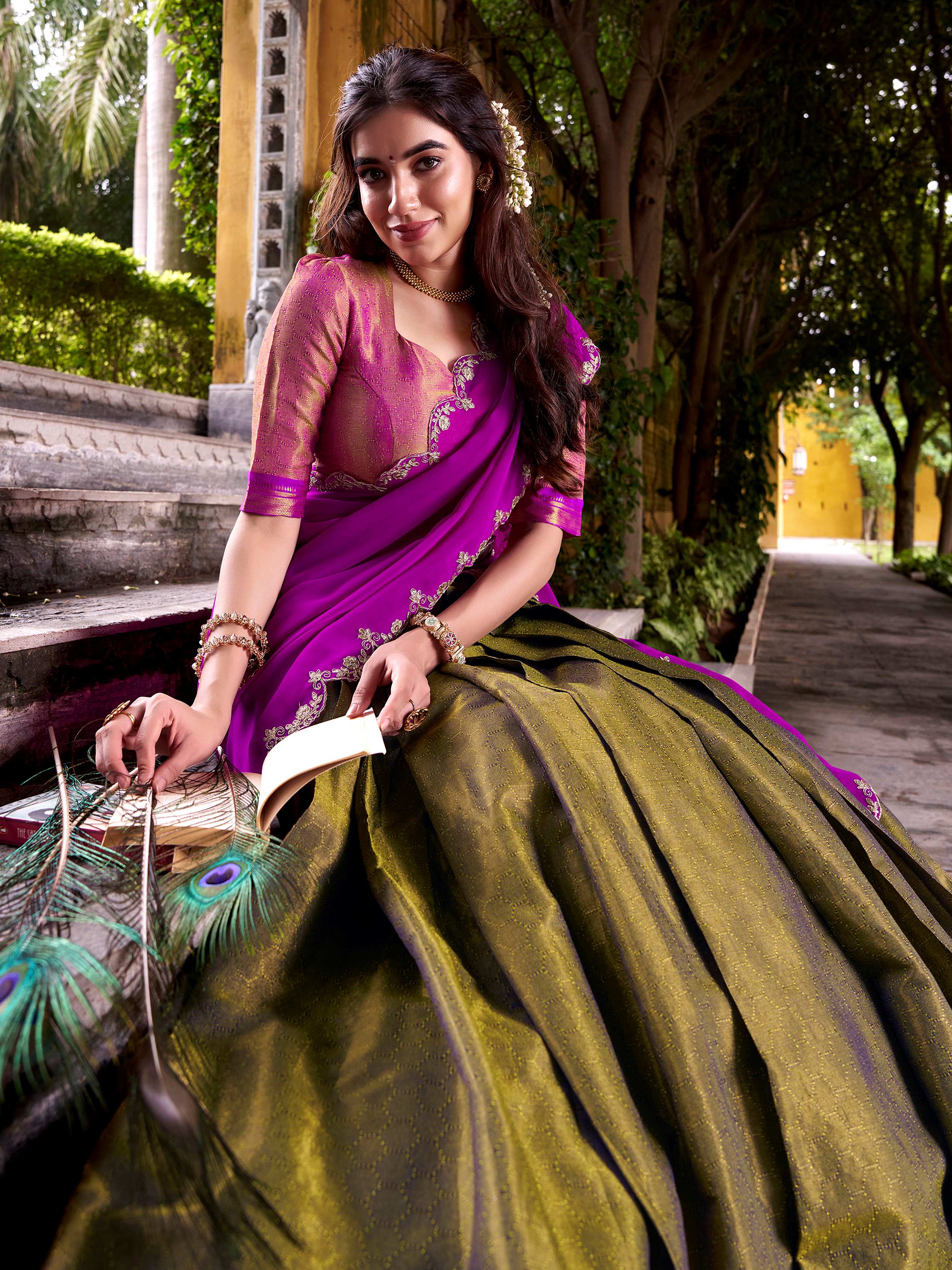 Mehendi green kanchipuram silk lehenga choli with zari weaving and sequins work

