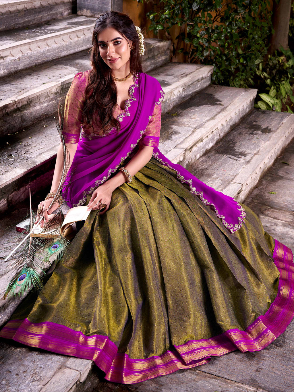 Mehendi green kanchipuram silk lehenga choli with zari weaving and sequins work
