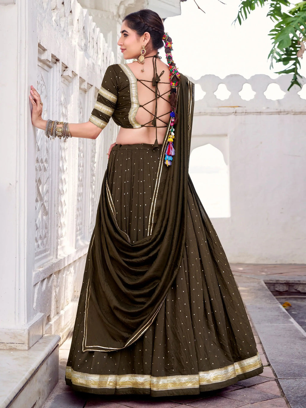 Mehndi color pure Chanderi zari weaving embossed lace lehenga choli