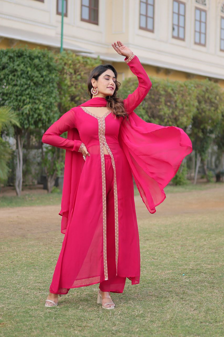 Mahamaya pink georgette middle slit kurti set