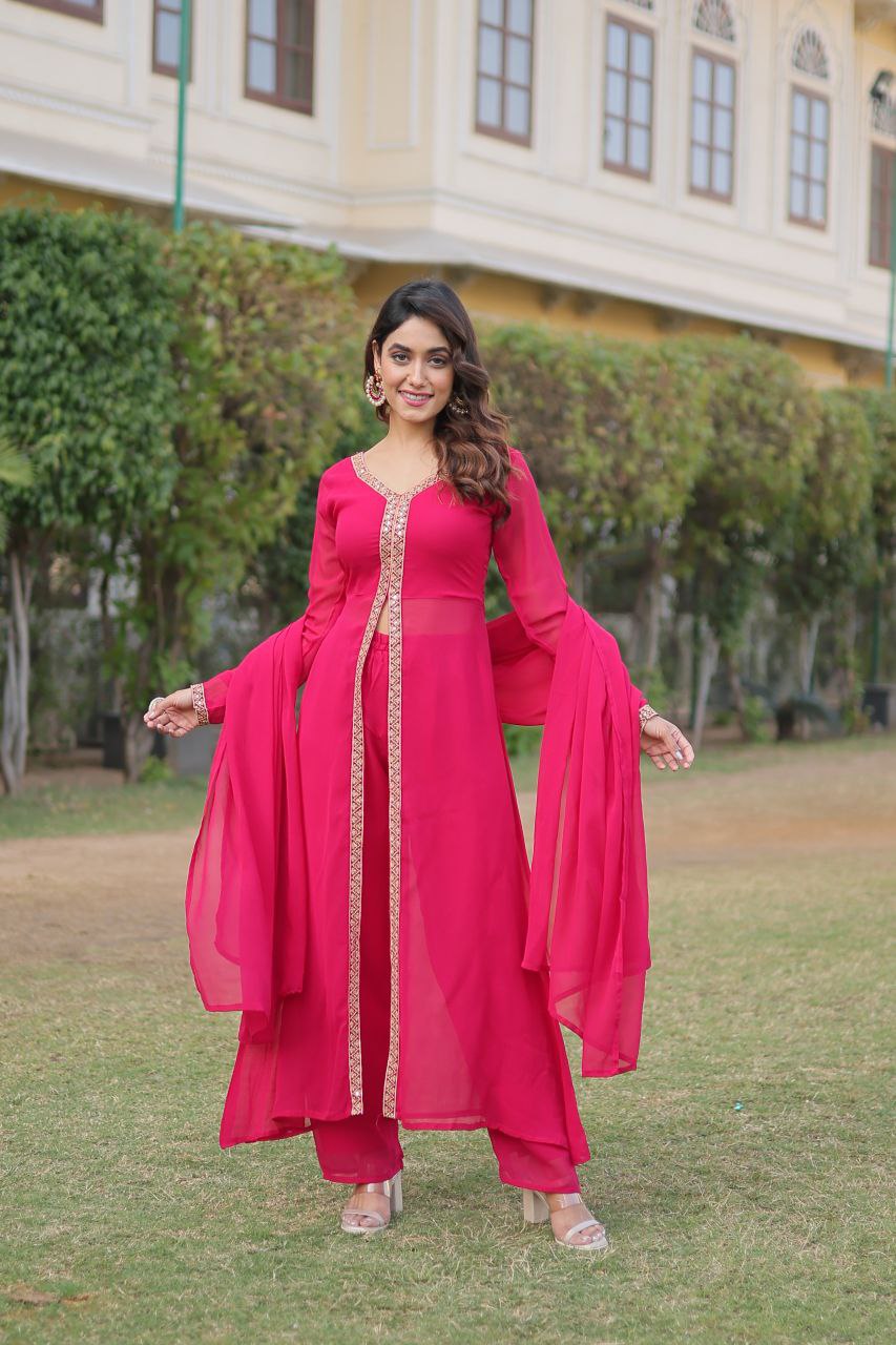 Mahamaya pink georgette middle slit kurti set