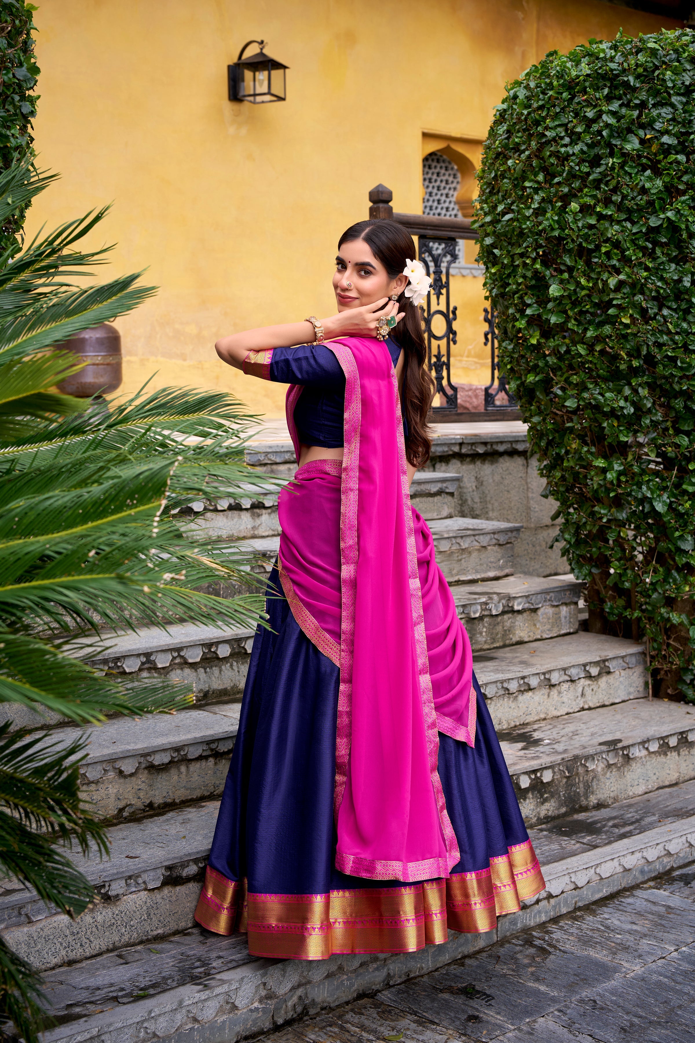 Mira navy blue poly cotton half saree lehenga with zari weaving work