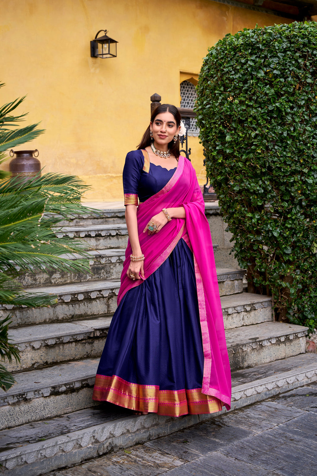 Mira navy blue poly cotton half saree lehenga with zari weaving work