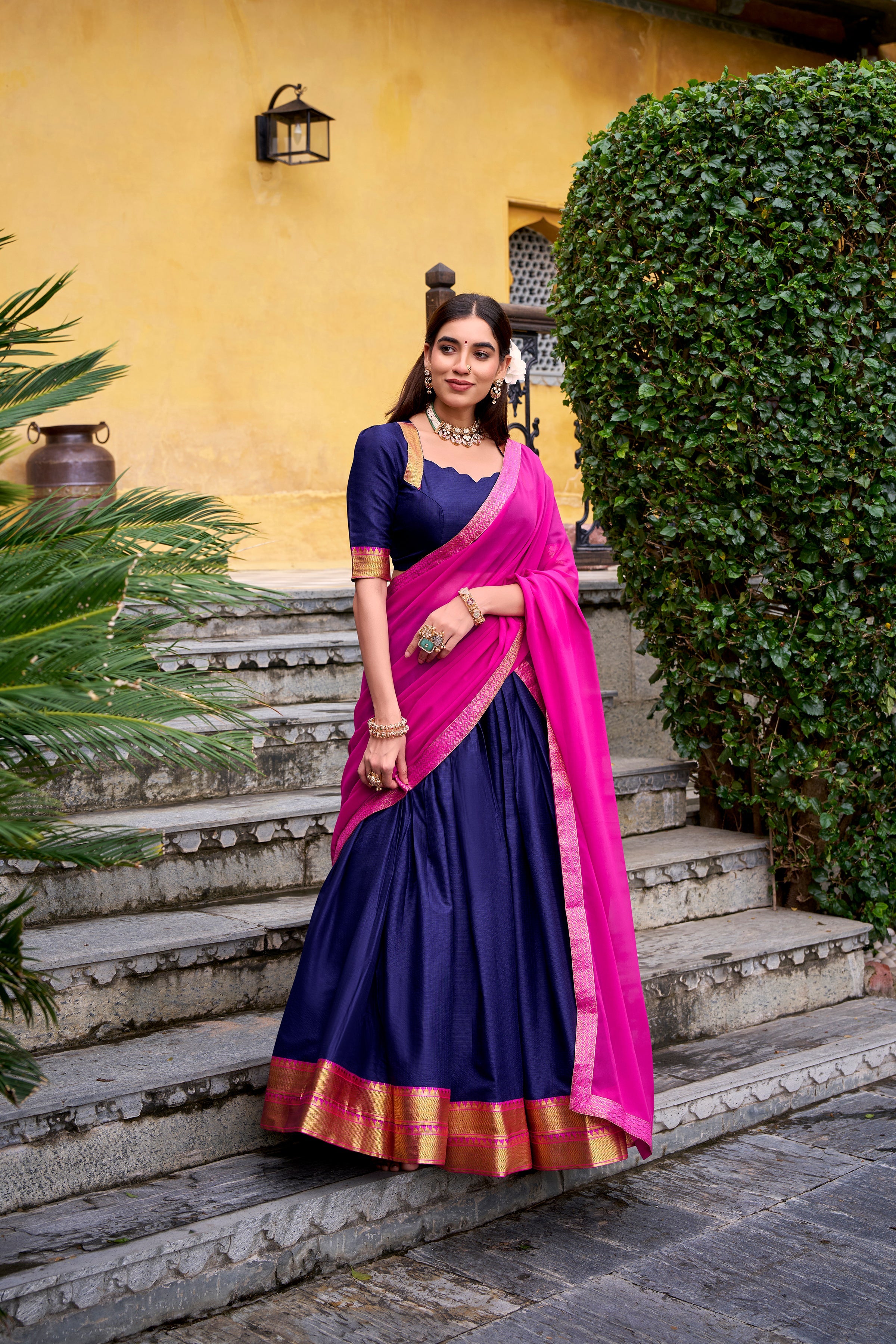 Mira navy blue poly cotton half saree lehenga with zari weaving work