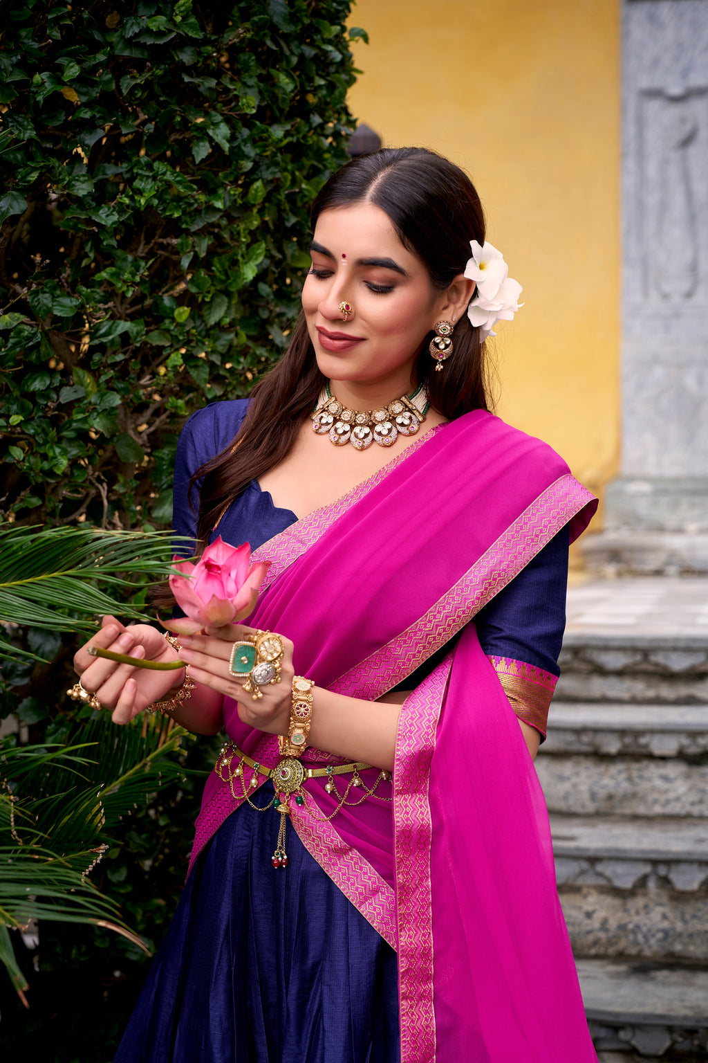 Mira navy blue poly cotton half saree lehenga with zari weaving work