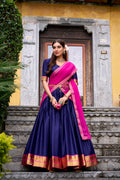 Mira navy blue poly cotton half saree lehenga with zari weaving work