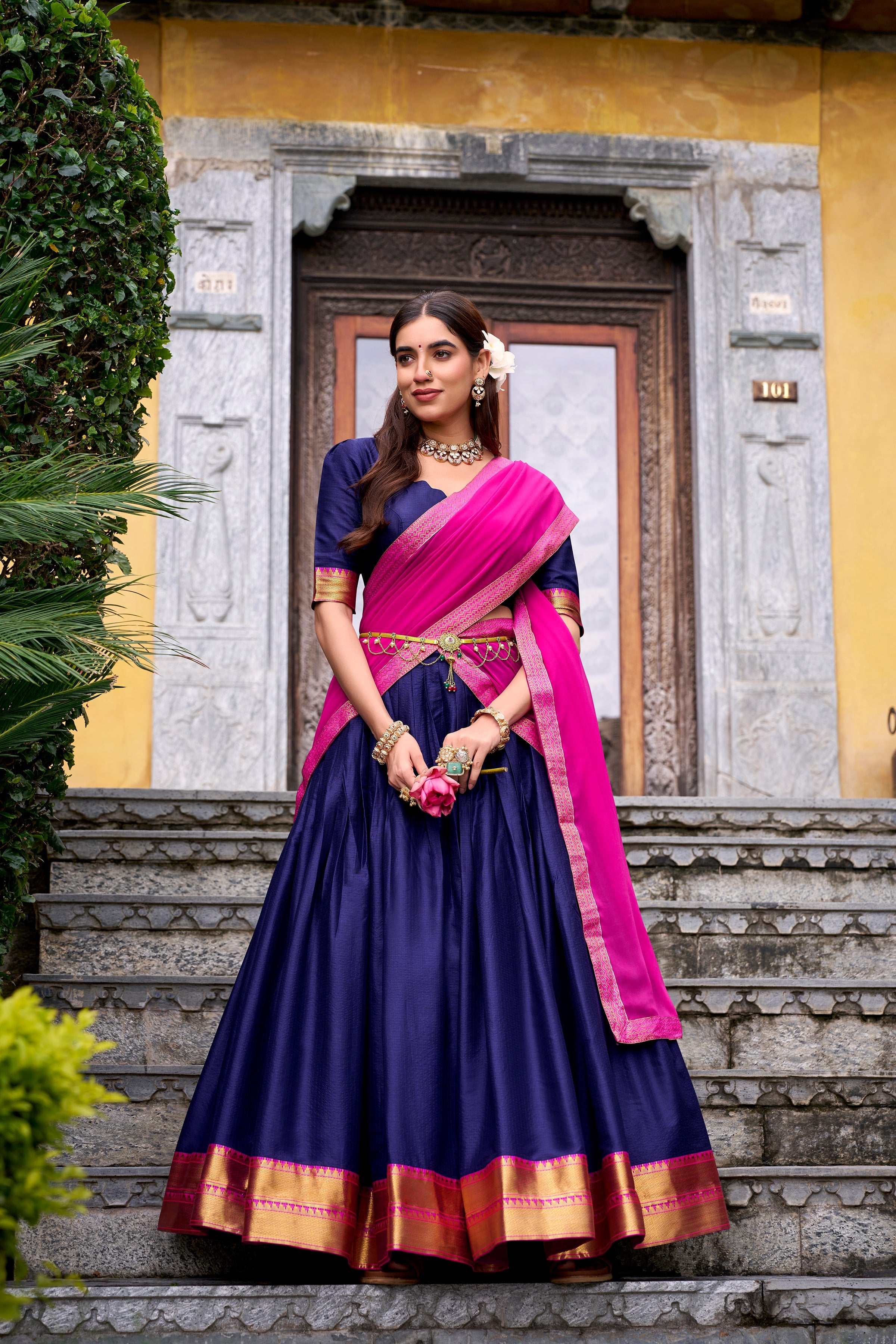 Mira navy blue poly cotton half saree lehenga with zari weaving work