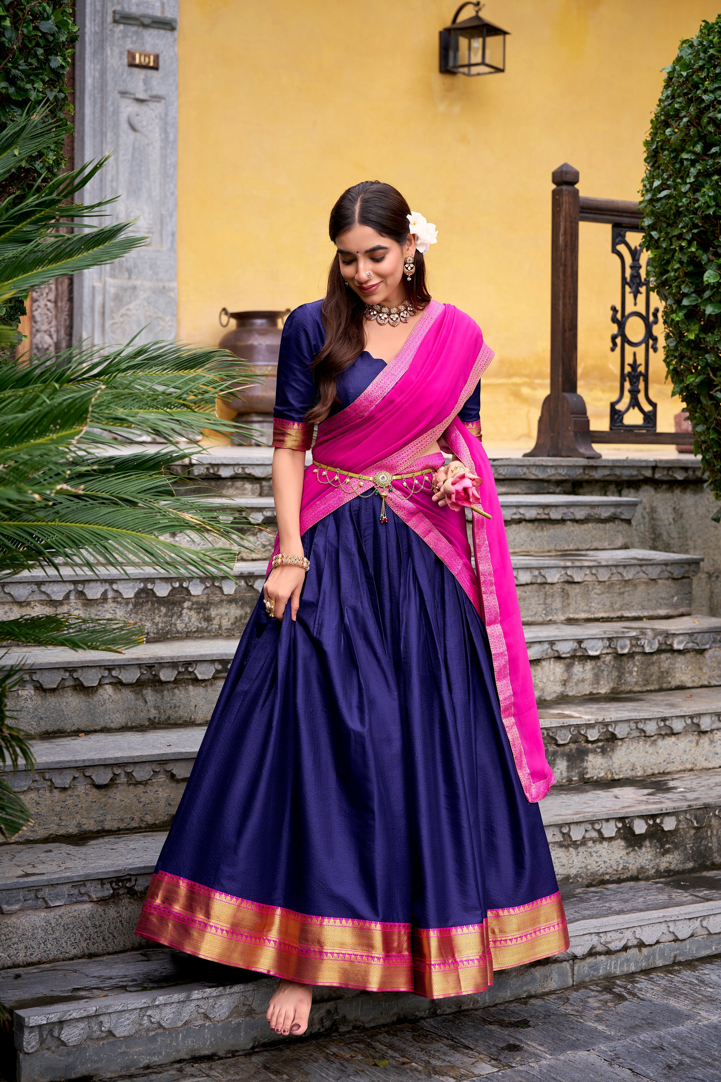 Mira navy blue poly cotton half saree lehenga with zari weaving work