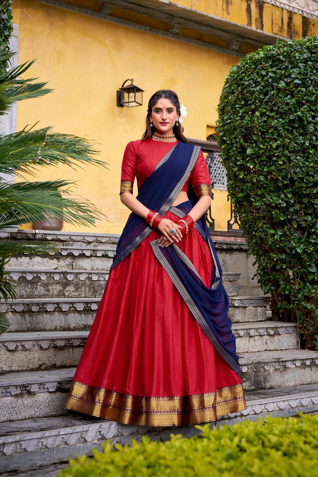 Mira red poly cotton half saree lehenga with zari weaving work