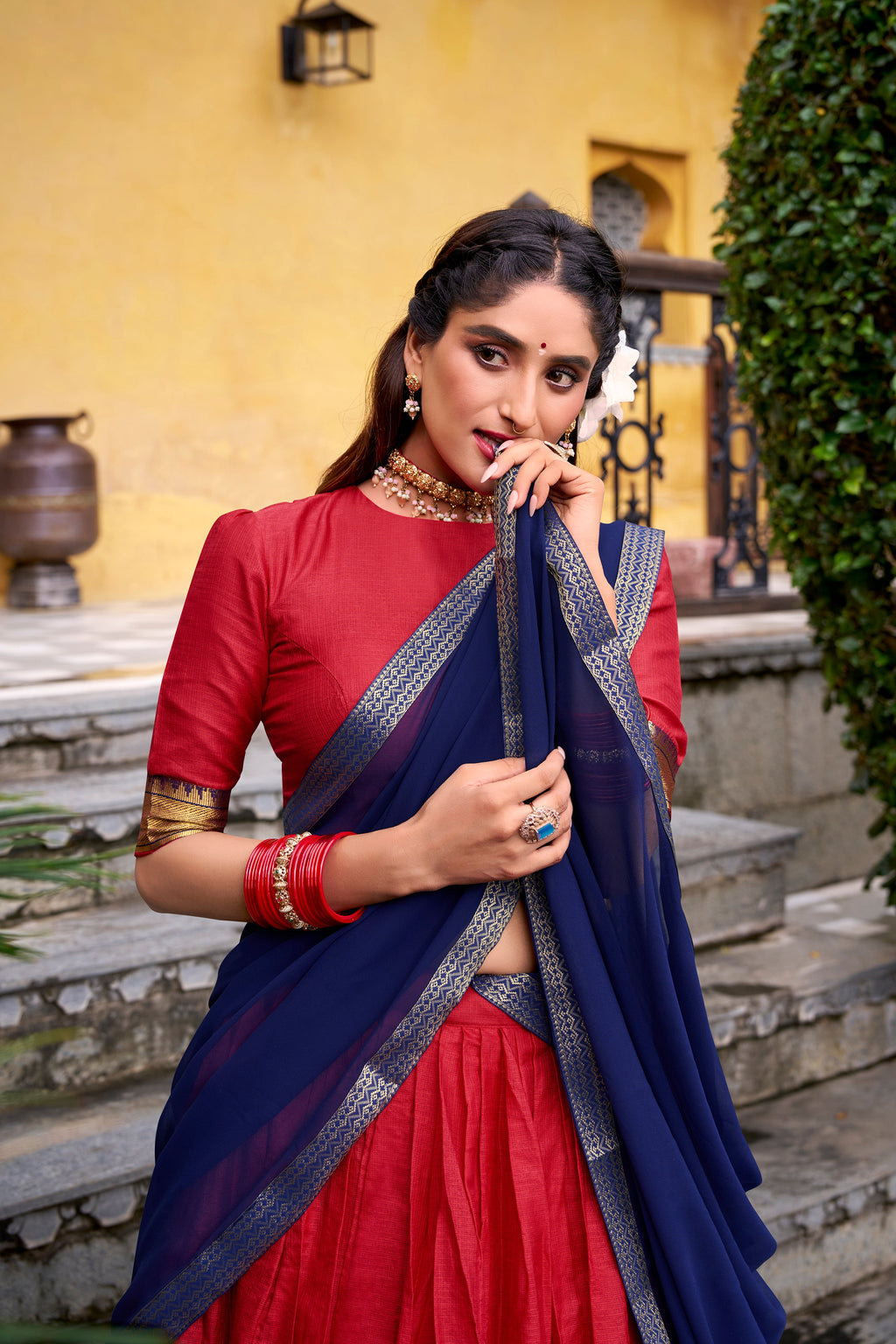Mira red poly cotton half saree lehenga with zari weaving work
