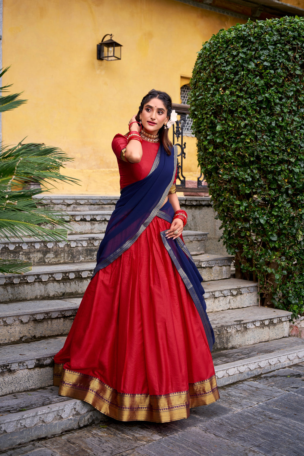 Mira red poly cotton half saree lehenga with zari weaving work