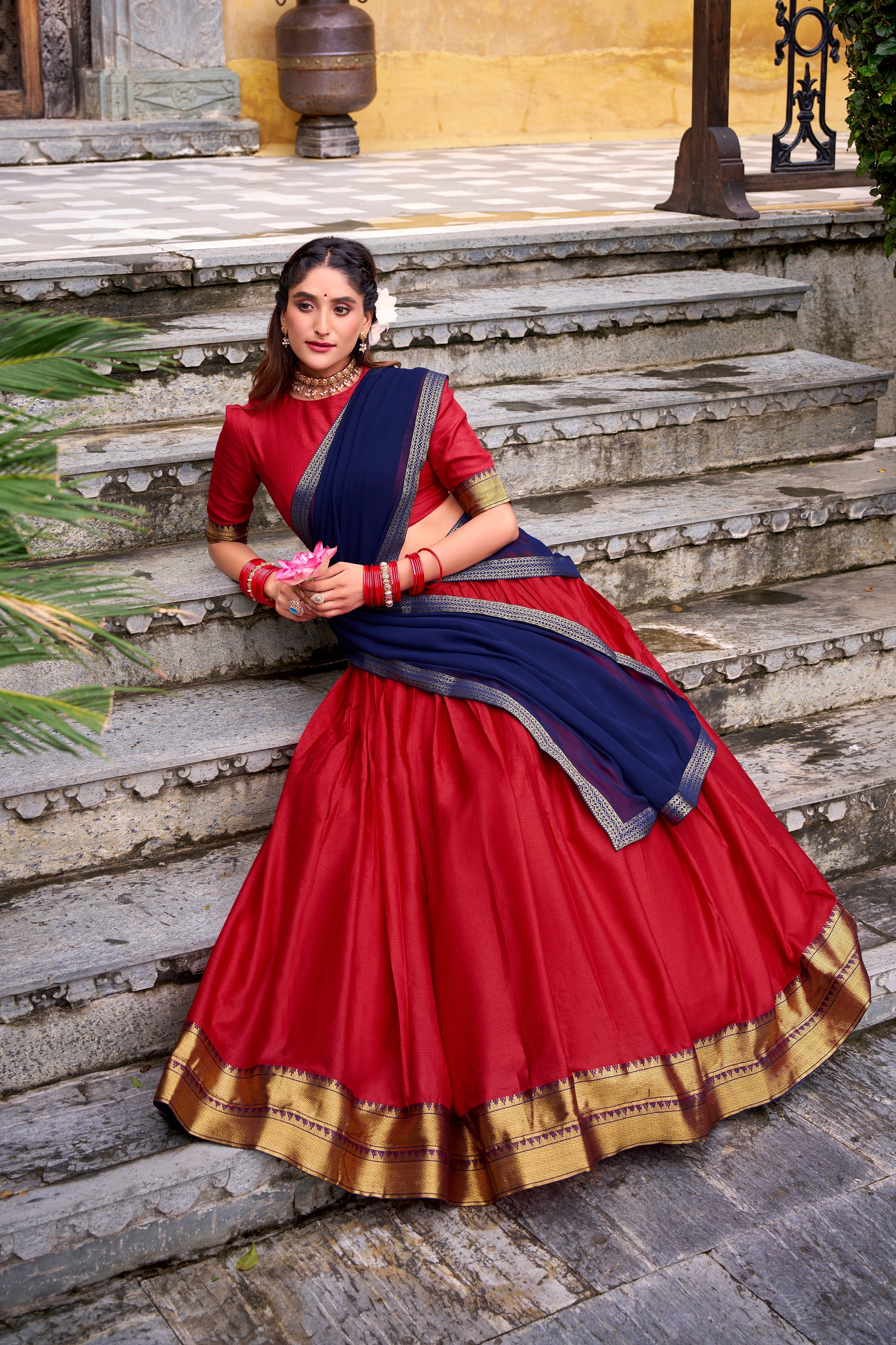 Mira red poly cotton half saree lehenga with zari weaving work