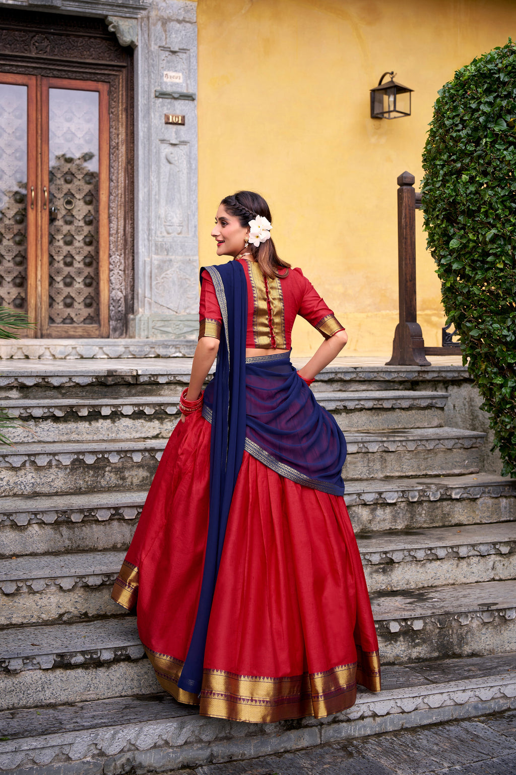 Mira red poly cotton half saree lehenga with zari weaving work