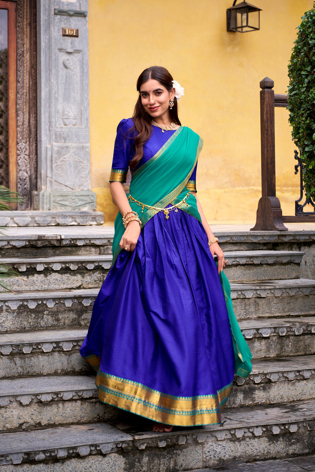 Mira royal blue poly cotton half saree lehenga with zari weaving work